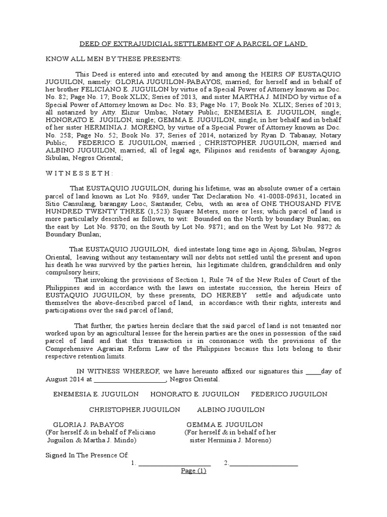 Extrajudicial Settlement Deed of Heirs | PDF | Notary Public | Civil ...