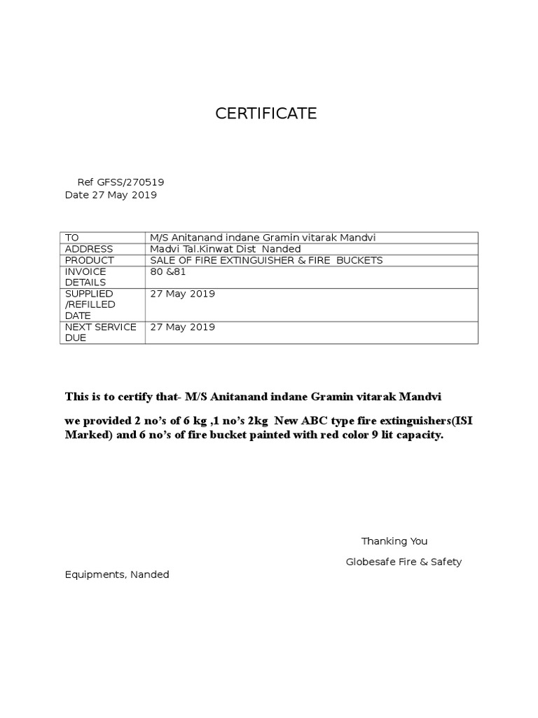 Fire Extinguisher Certificate PDF