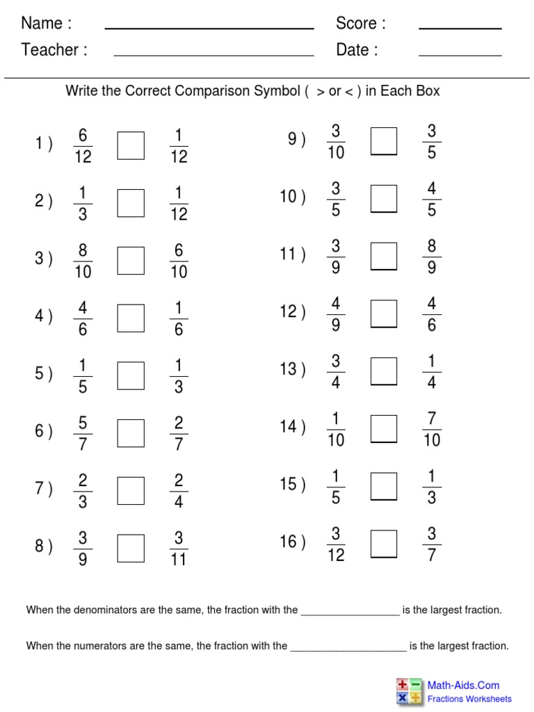 Comparing Fractions Worksheets | PDF | Fraction (Mathematics ...
