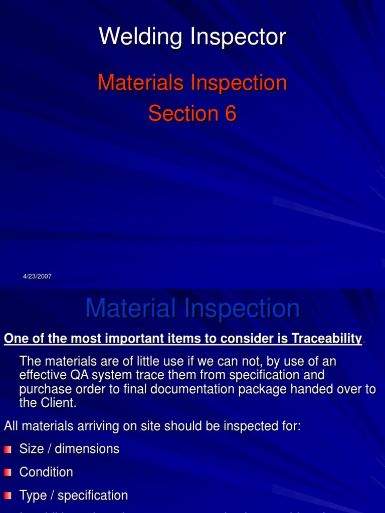 Welding Material Inspection Guide | PDF | Technology & Engineering