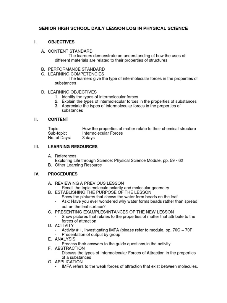 Daily Lesson Log in Physical Science | PDF | Intermolecular Force ...
