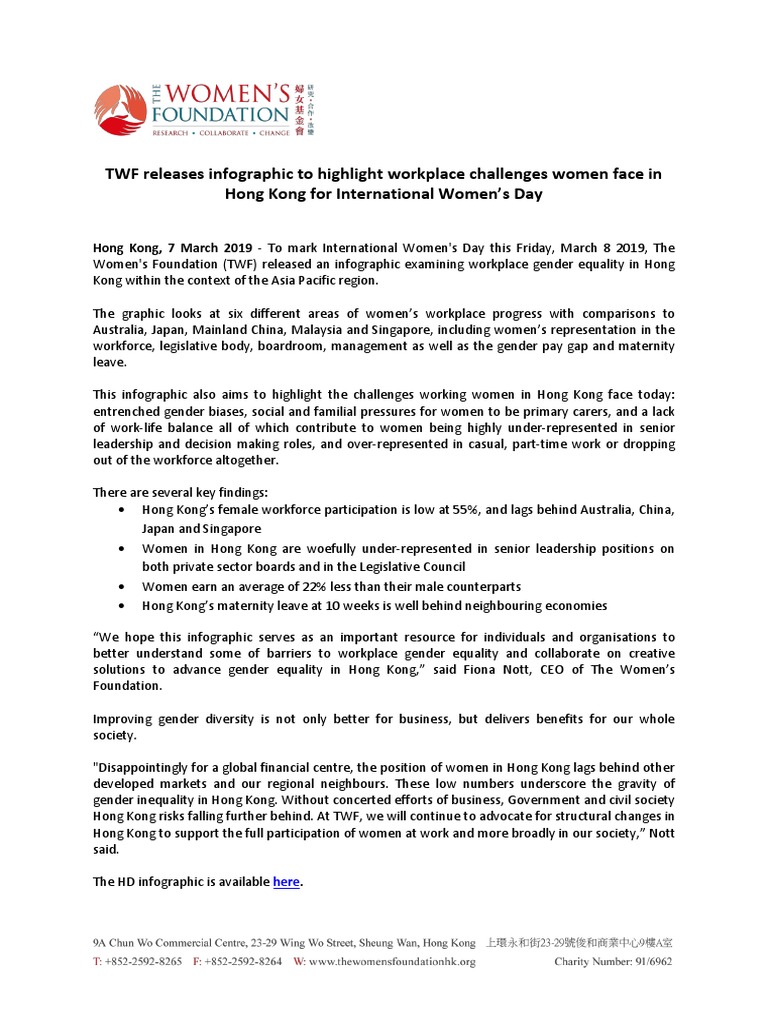 Infographic Women in The Workforce Hong Kong PDF Gender Pay Gap