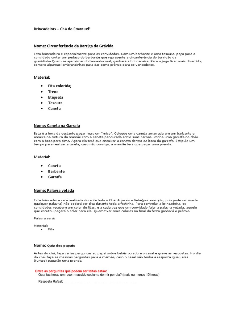 Brincadeiras Cha De Bebe Pdf Entretenimento Geral