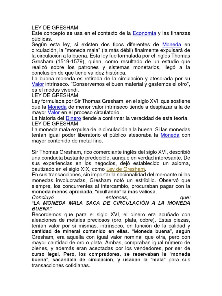 Ley de Gresham PDF Monedas Billete de banco
