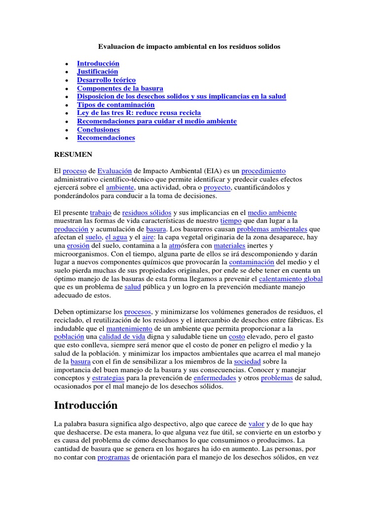 Evaluacion de Impacto Ambiental en Los Residuos Solidos | PDF ...