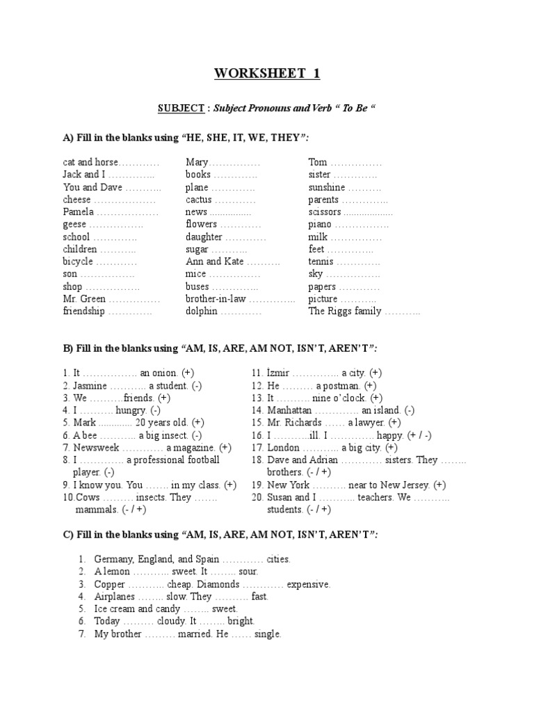 Worksheet 1: SUBJECT: Subject Pronouns and Verb 