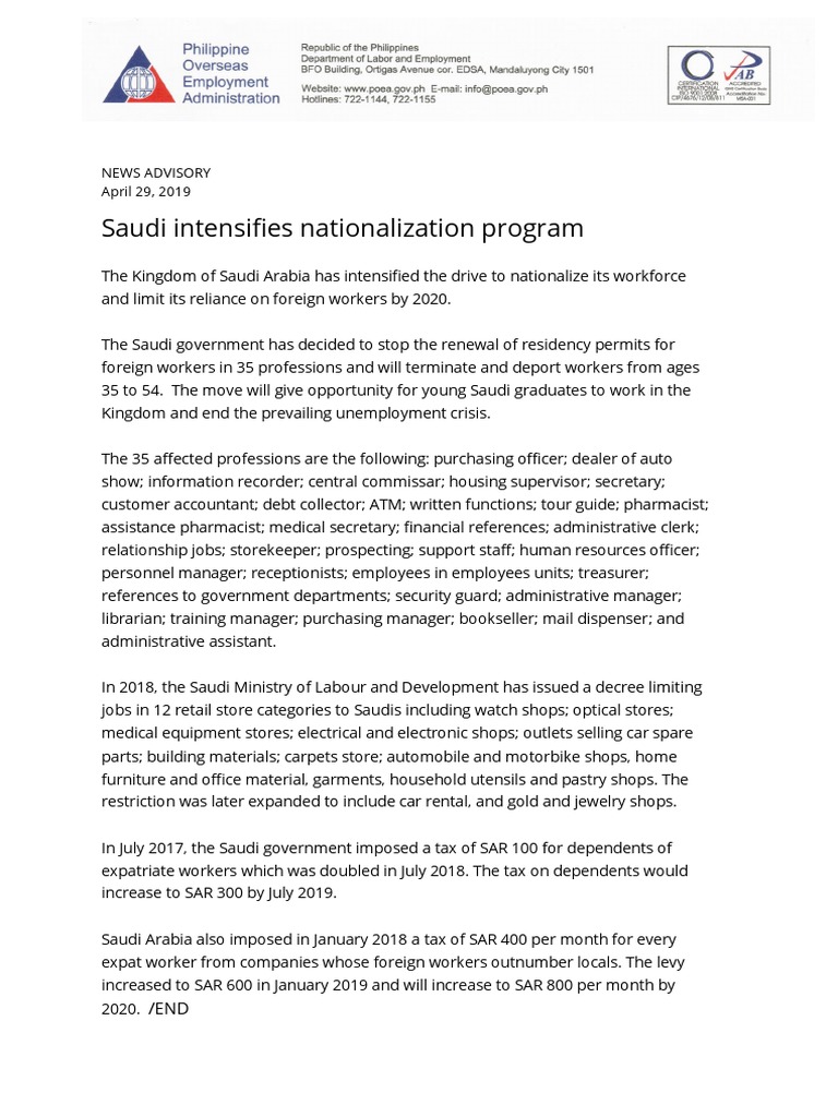 Saudi Arabia's Workforce Nationalization Plan | PDF