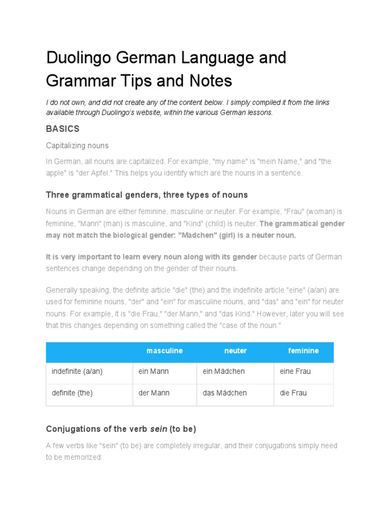 Duolingo German Grammar Tips | PDF | Grammatical Gender | Grammatical ...