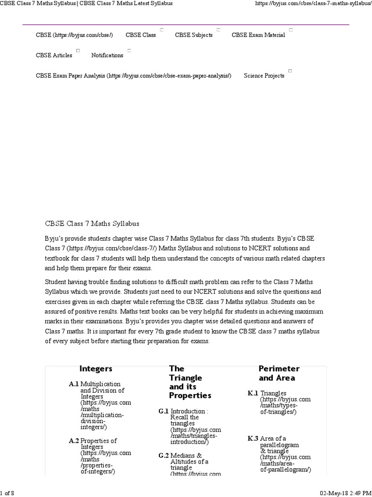 CBSE Class 7 Maths Syllabus - CBSE Class 7 Maths Latest Syllabus | PDF ...