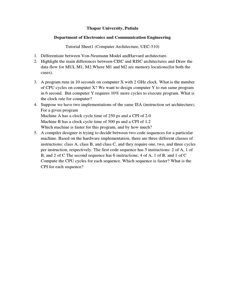 Computer Architecture Tutorial Sheet | PDF | Computers | Technology ...