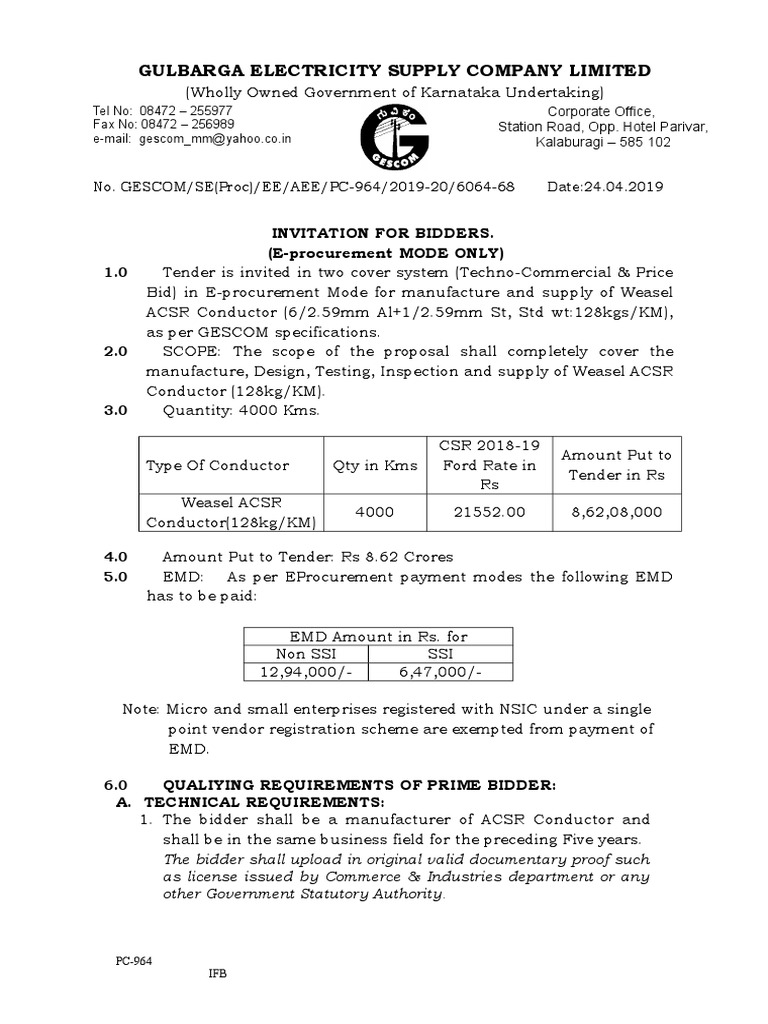 Gulbarga Electricity Supply Company Limited Invitation For Bidders. (E