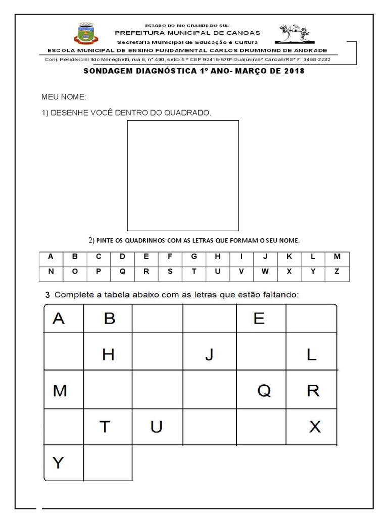 Sondagem Diagnóstica 1º Ano Março De 2018 A B C D E F G H