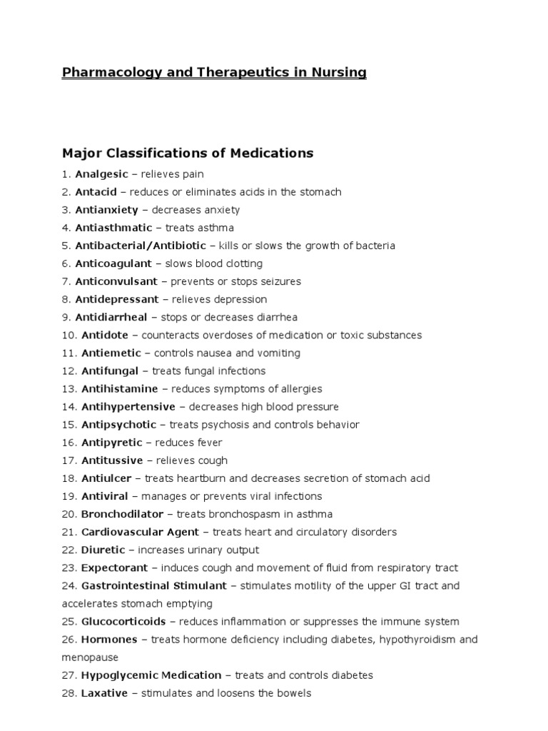Major Classifications of Medications | PDF