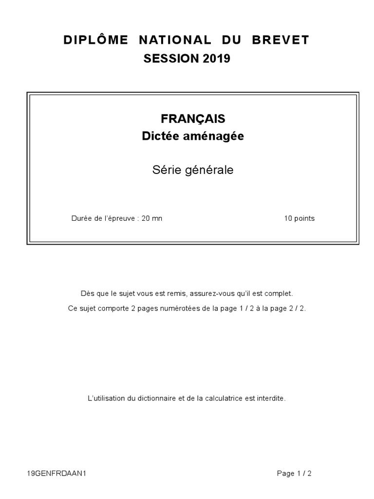 Sujet Brevet Français 2019 Victor Hugo Corrigé Francais Dictee A Serie G Am19 | PDF