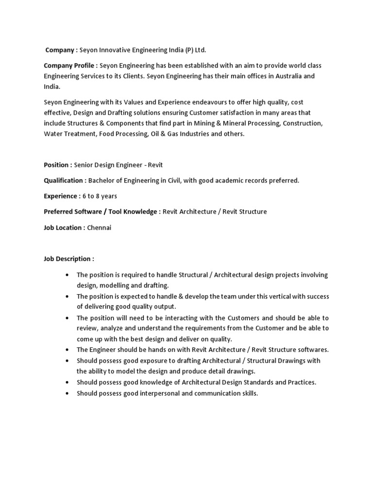 JD - Sr. Design Engineer (Revit) | PDF