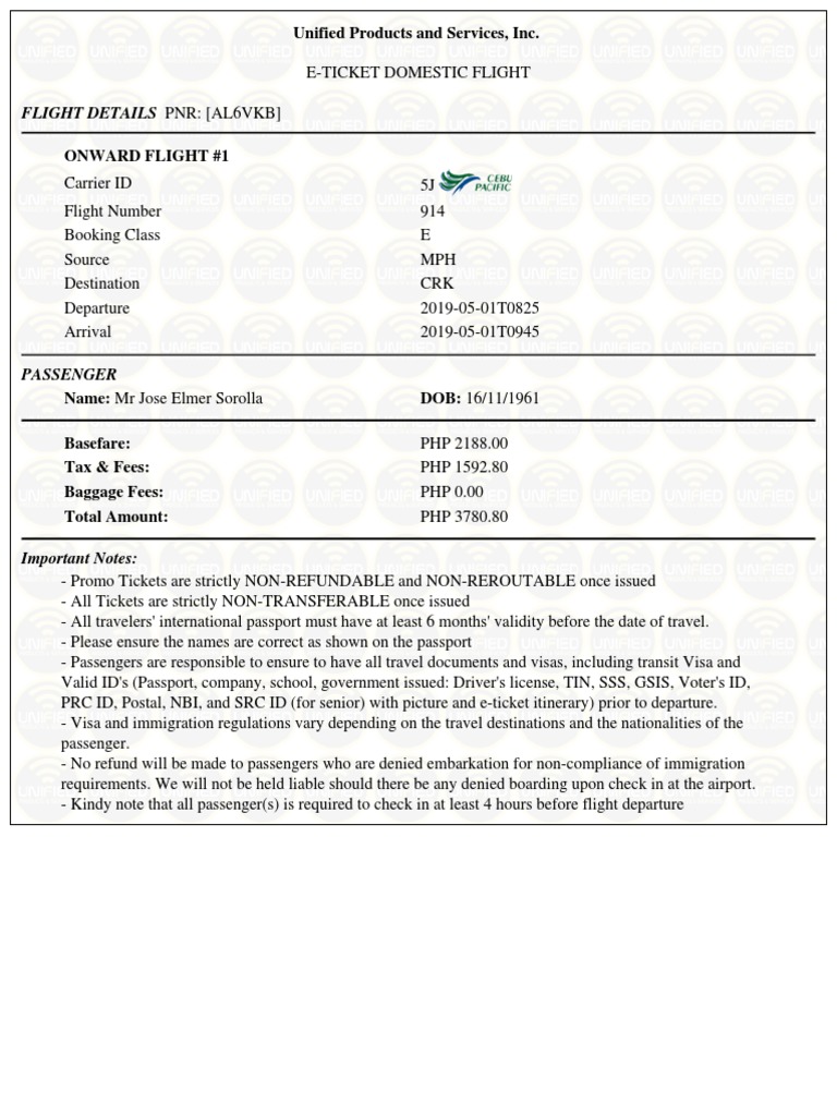 Non-Reroutable Flight Details for 5J914 | PDF