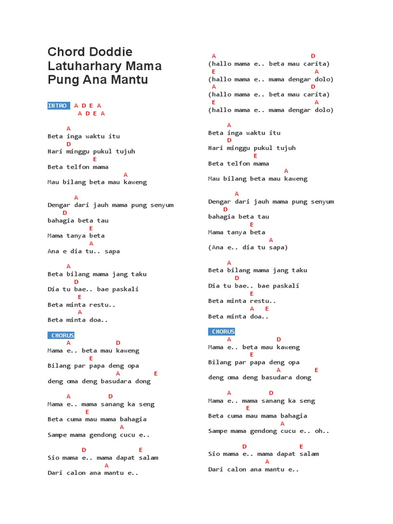 Chord Doddie Latuharhary Mama Pung Ana Mantu