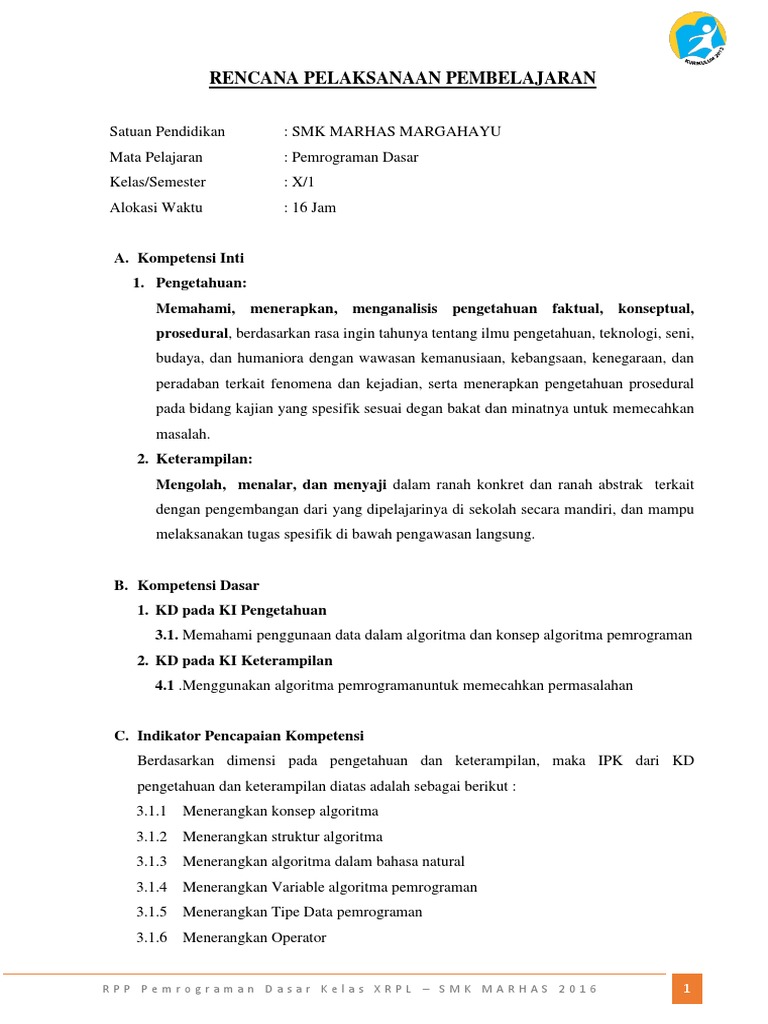 Rpp Pemrograman Dasar Kelas X Rpl Kd 3 1 Dan 4 1 2016 2017