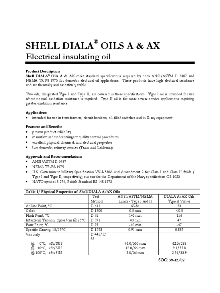Shell Diala Oils A & Ax: Electrical Insulating Oil | PDF | Electrical