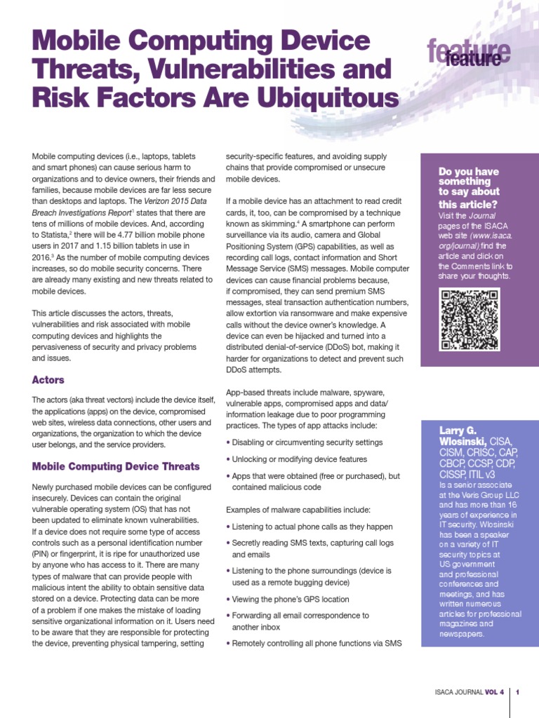 Mobile Computing Device Threats Vulnerabilities and Risk Factors Are