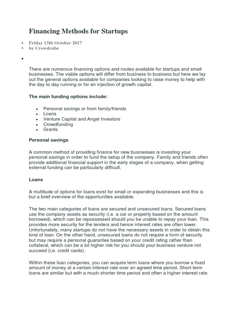 Financing Methods For Startups | PDF | Angel Investor | Loans