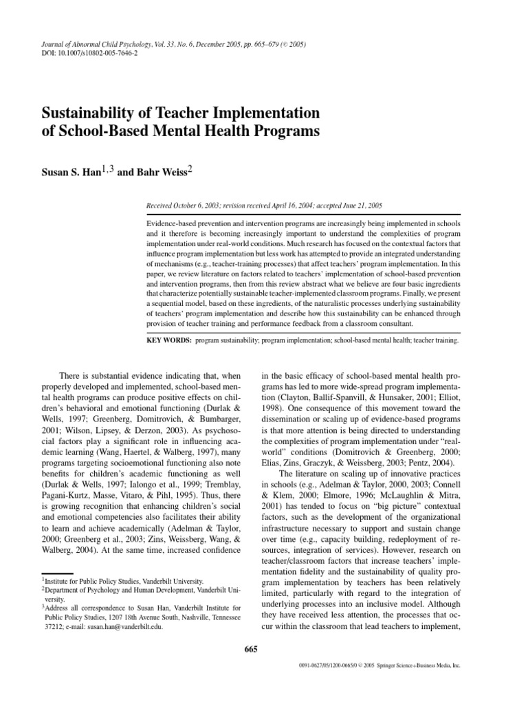 Sustainability of Teacher Implementation of School-Based Mental Health ...