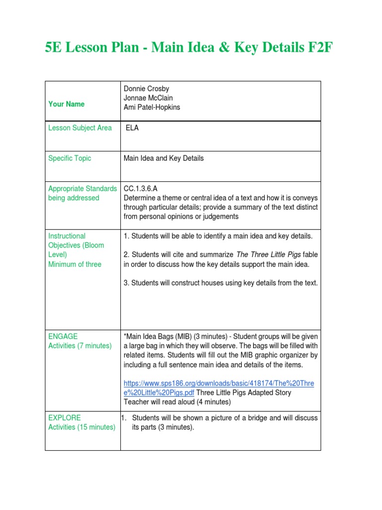 F2f Lesson Main Idea And Key Details Lesson Plan Question