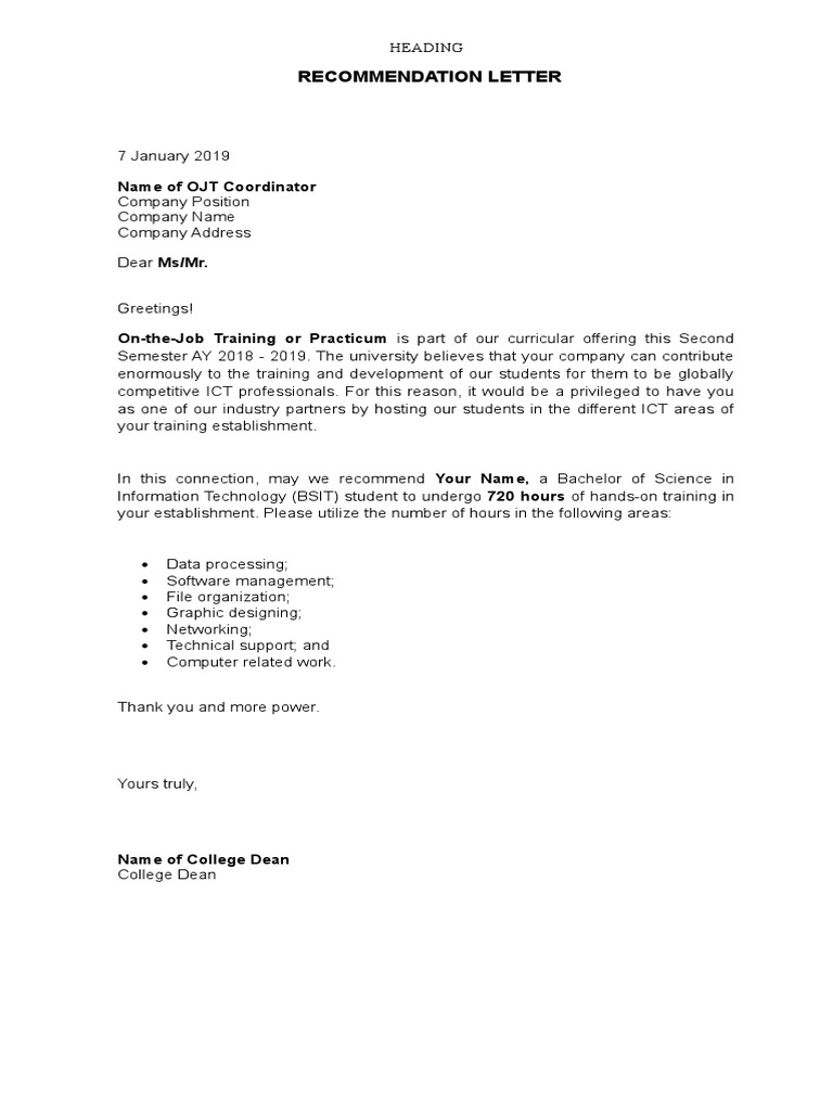 OJT Recommendation Letter for ICT Students | PDF | Information ...