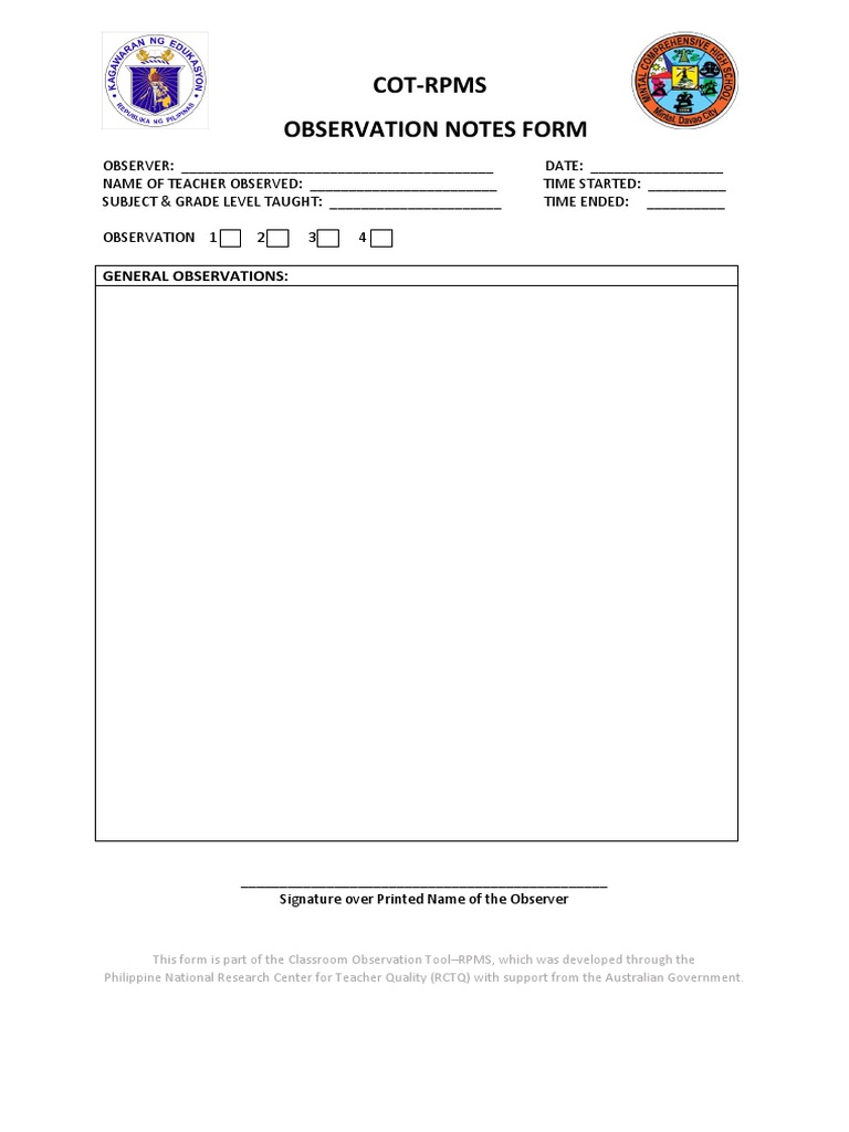COT-RPMS Observation Notes Form | PDF | Career & Growth | Business