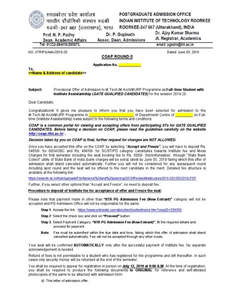 M.Tech Admission Offer for GATE 2019-20 | PDF | Fee | Government