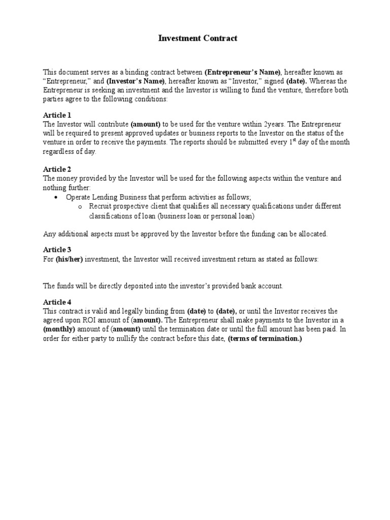 Investment Loan Agreement Template | PDF | Finance & Money Management