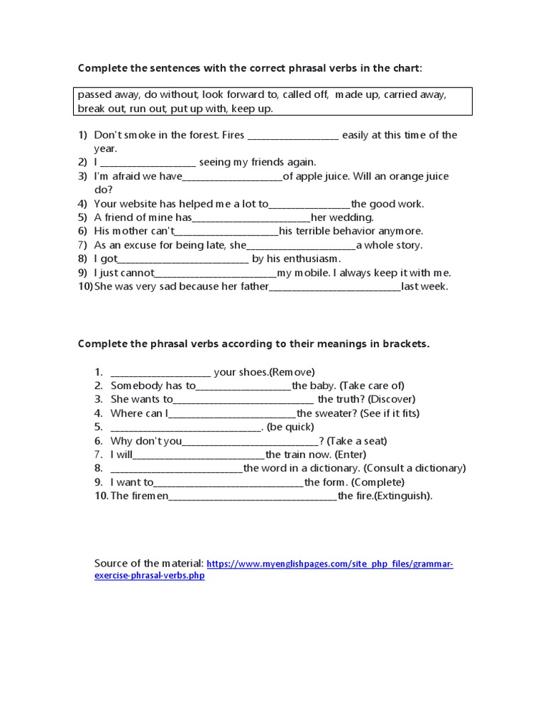 Phrasal Verbs Exercise Worksheet | PDF | Semiotics | Linguistic Morphology