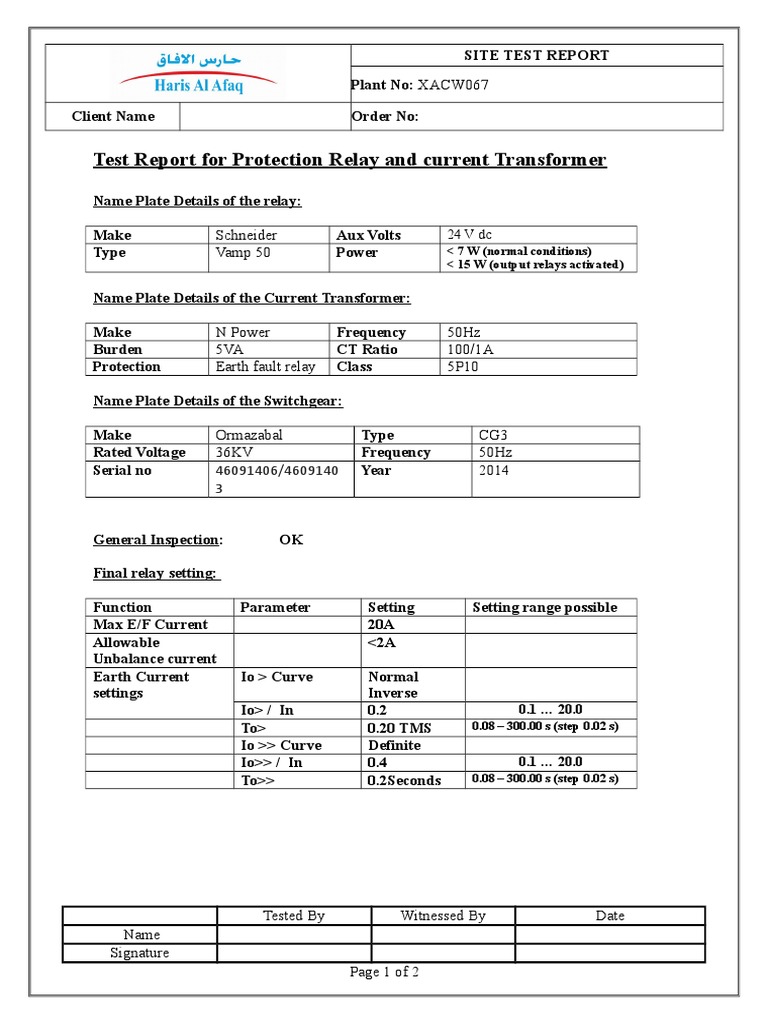 Test Report For Protection Relay and Current Transformer Schneider