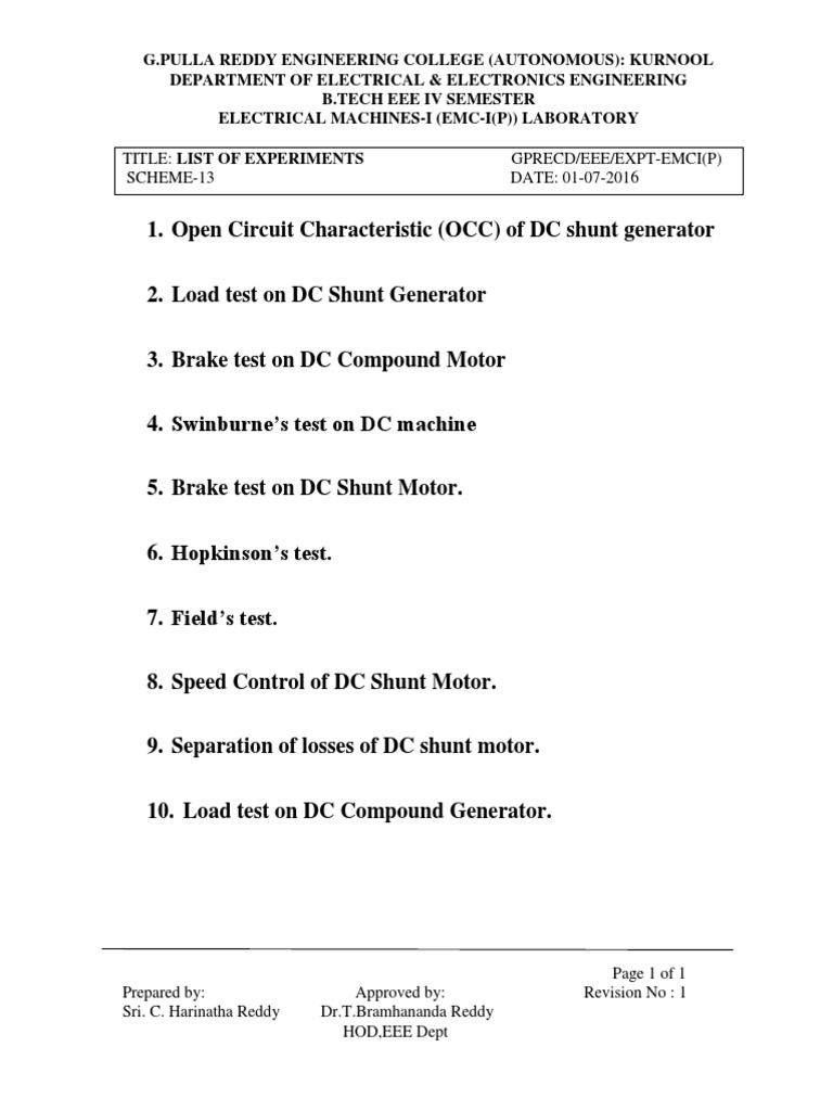Electrical MachinesI Lab Manual PDF Electric Motor Electric