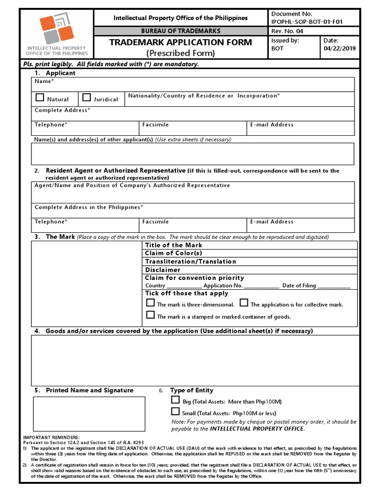 Trademark Application Form Philippines | PDF | Trademark | Intellectual ...