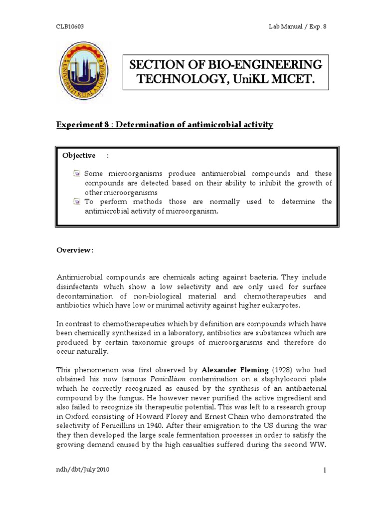 Antimicrobial Activity Experiment Guide | PDF | Antimicrobial ...
