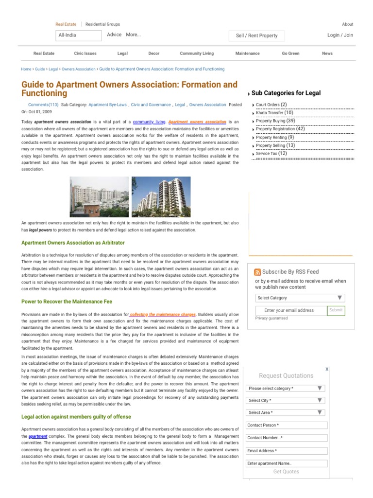 Guide To Apartment Owners Association - Formation and Functioning PDF ...
