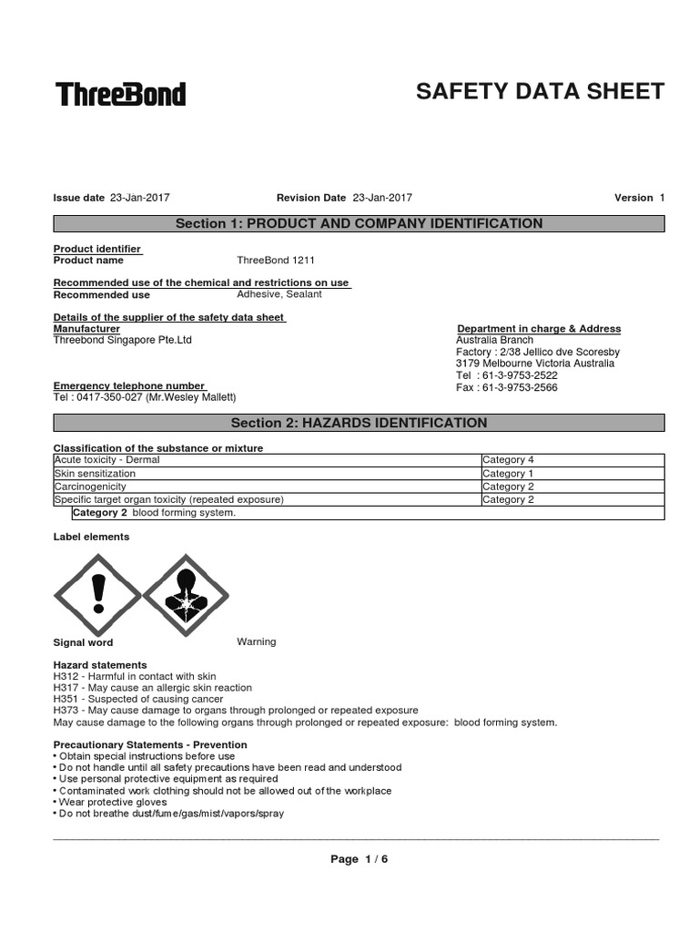 MSDS Three Bond PDF Toxicity Chemical Substances