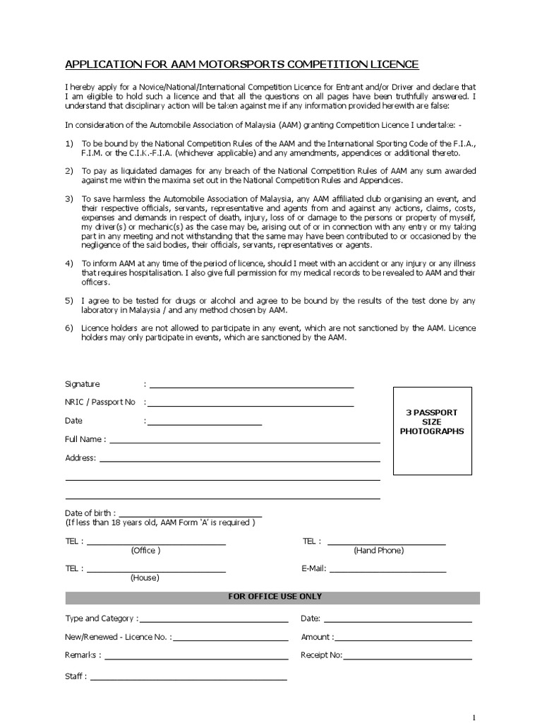 Competition License Form PDF Driver's License Fédération