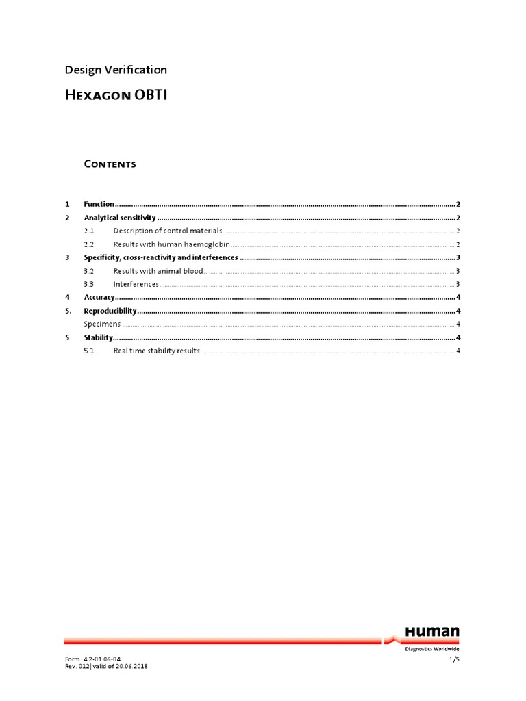 Hexagon OBTI: Design Verification | PDF | Hemoglobin | Sensitivity And ...