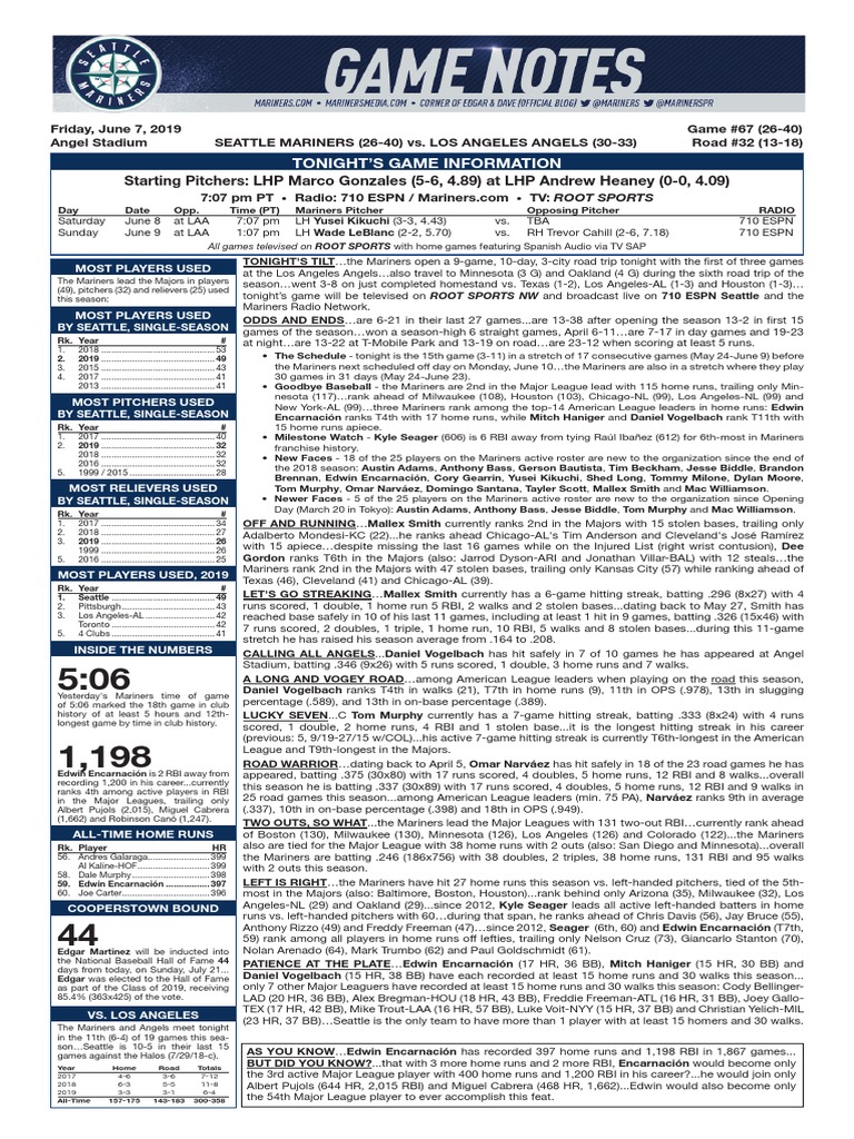 Mariners Game Preview vs. Angels | PDF | Home Run | Baseball Teams