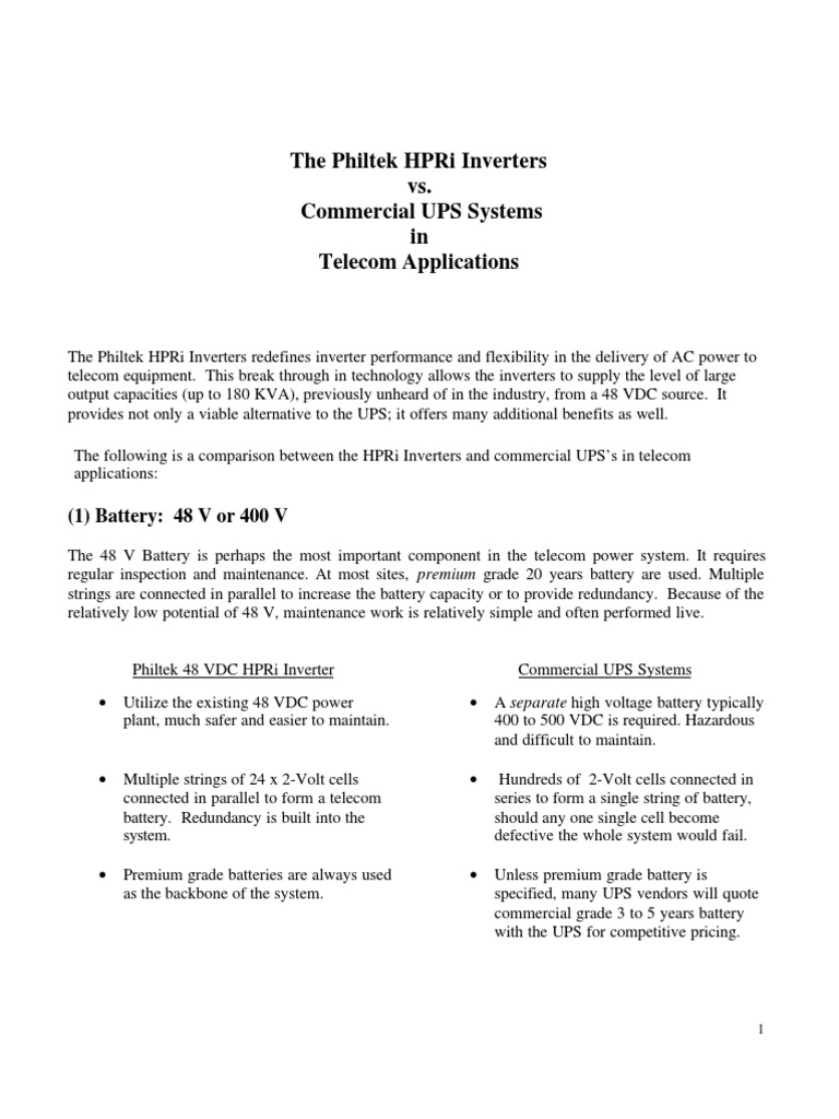 Philtek HPRi Inverters vs. UPS in Telecom | PDF | Home & Garden