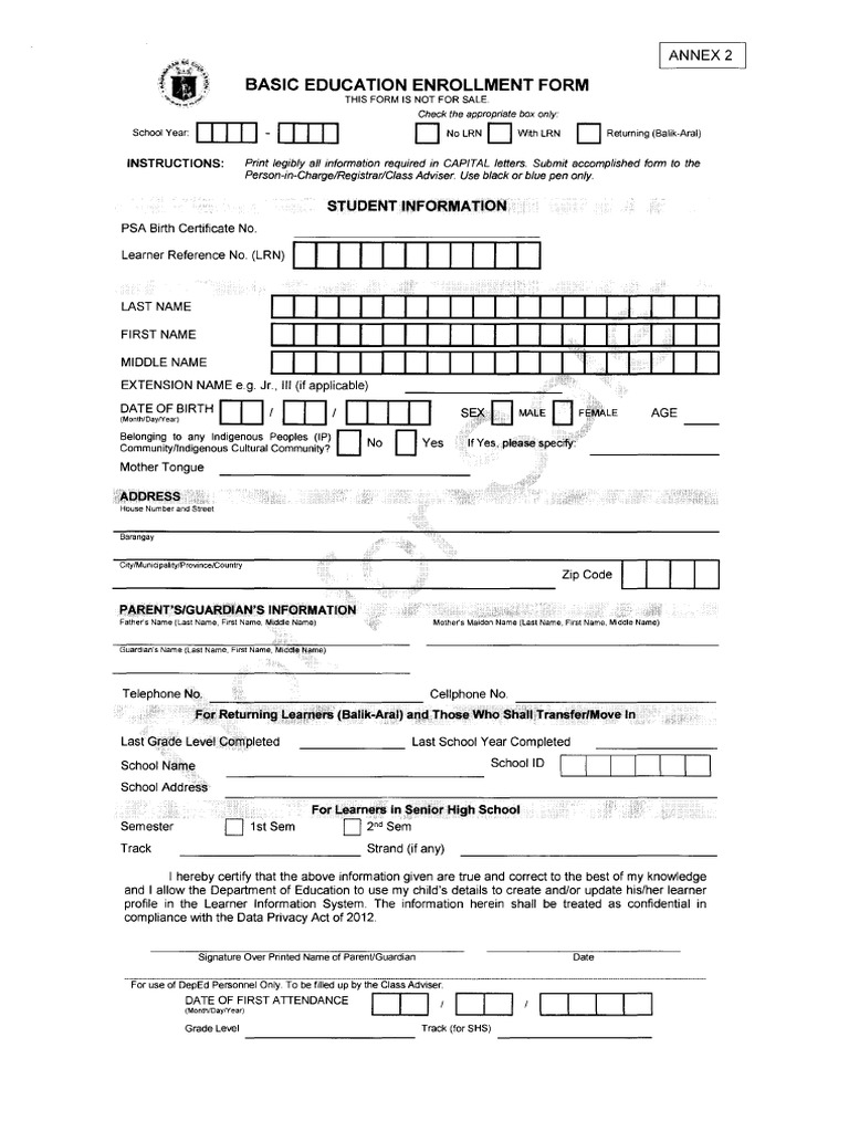 DepEd Order No. 3 s.2018 Basic Education Enrollment Form | PDF