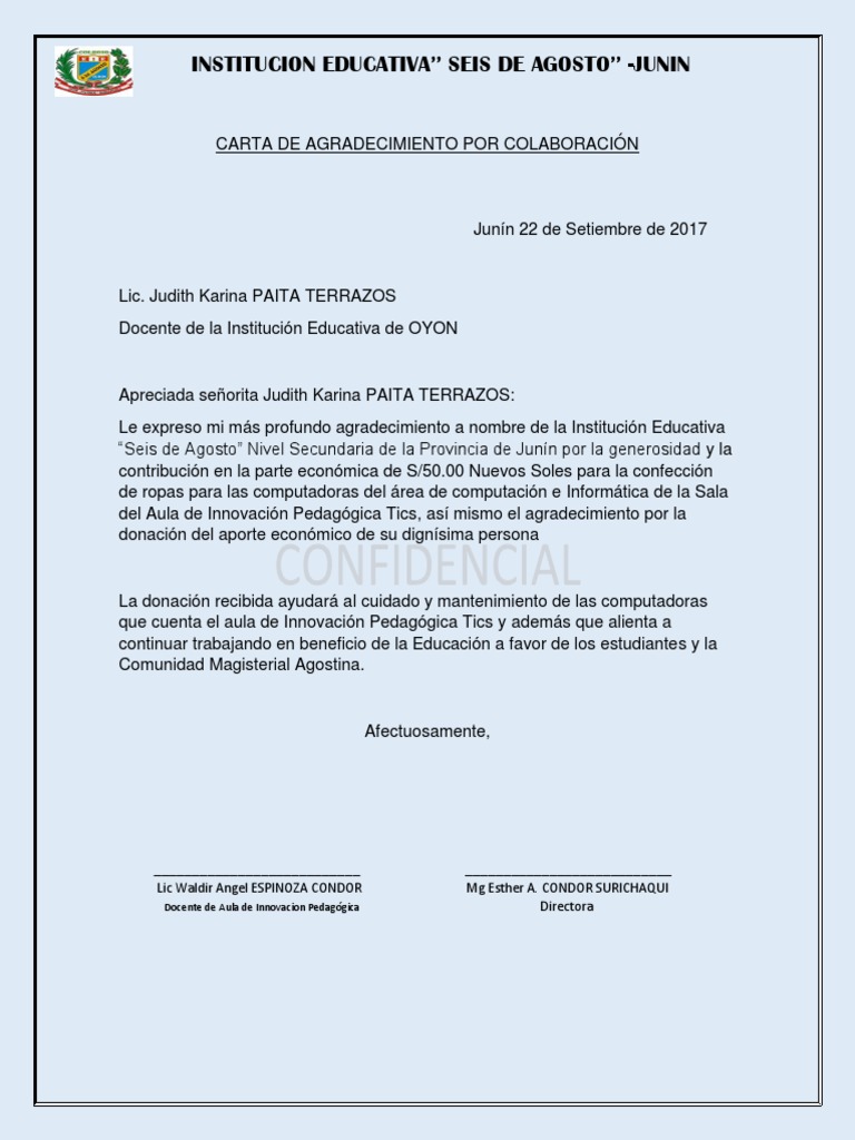 Carta de Agradecimiento Por Colaboración  PDF