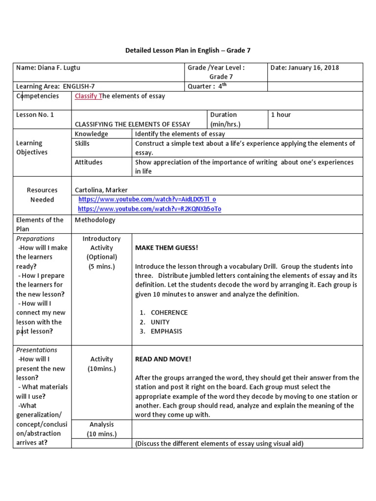 Classify T: Detailed Lesson Plan in English - Grade 7 | PDF | Narrative ...
