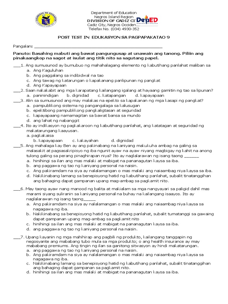 Final Post - Test in ESP Grade 9 | PDF