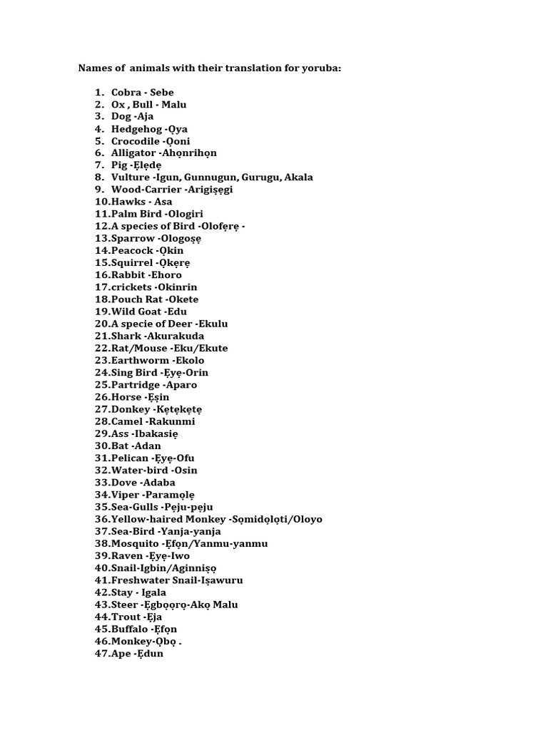 Yoruba Animal Names and Translations | PDF | Organisms | Nature