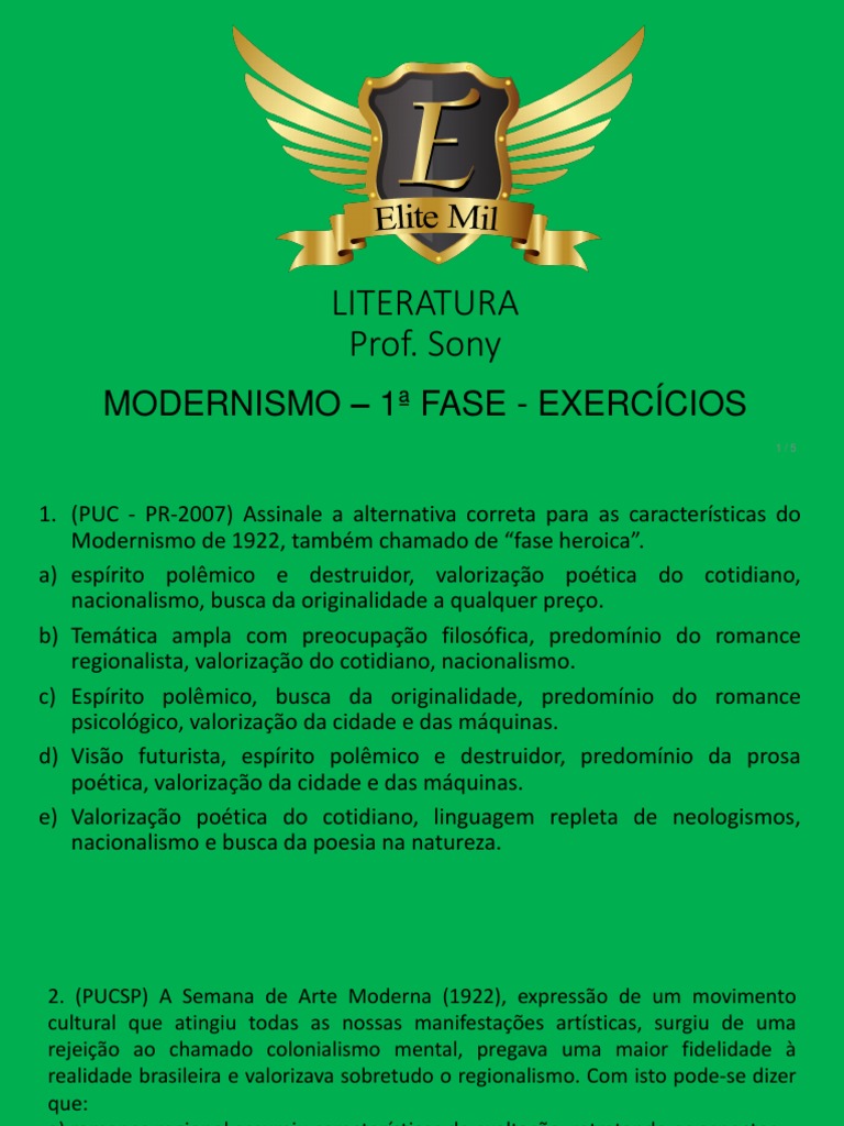 Exercícios sobre Modernismo: 1ª Fase | PDF | Modernismo | Poesia
