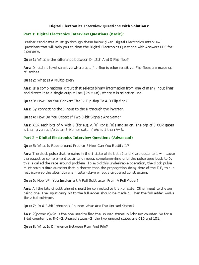Digital Electronics Interview Questions PDF PDF Digital Electronics