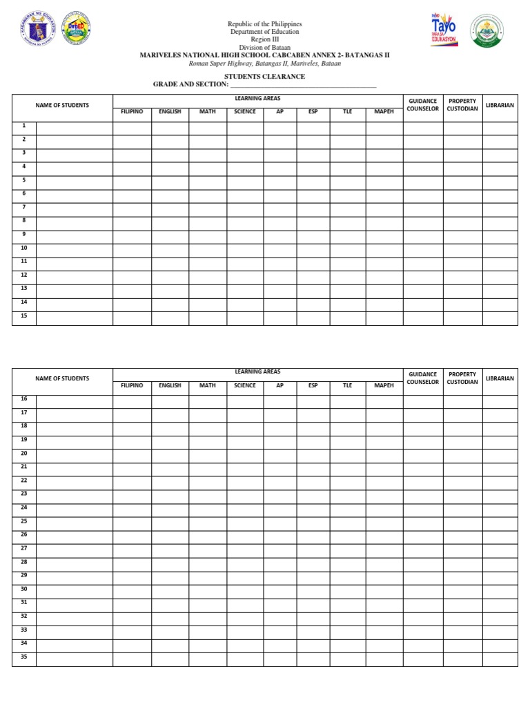 Student Clearance Form - Mariveles High School | PDF